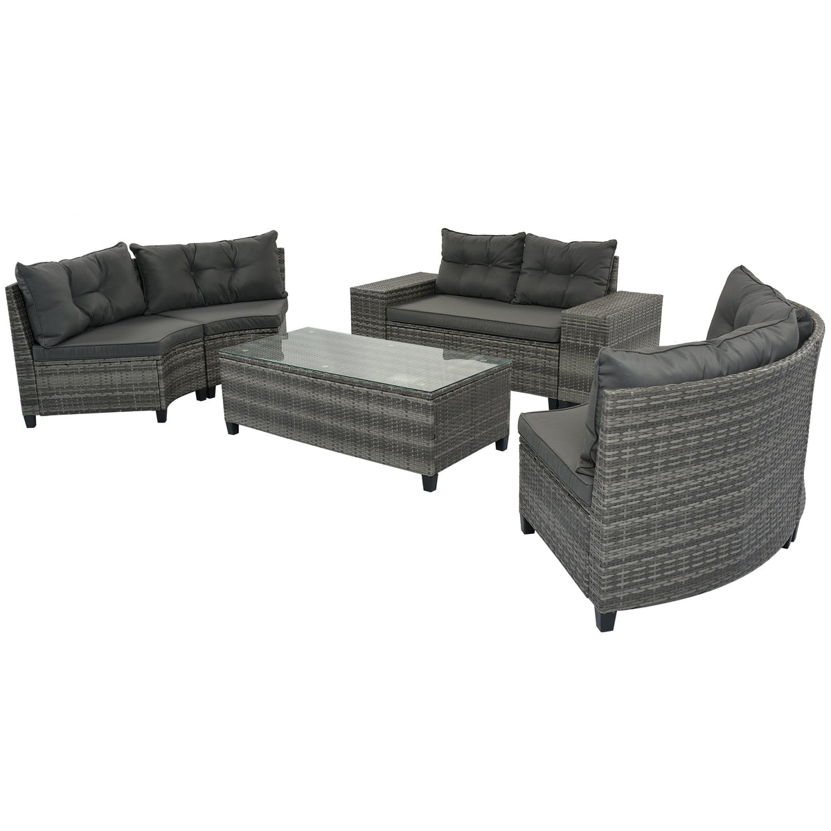 Roomfitters 8-Piece Half Moon Curved Outdoor Sectional Sofa Set, Grey PE Rattan Wicker Patio Furniture with Coffee Table, Gray Roomfitters
