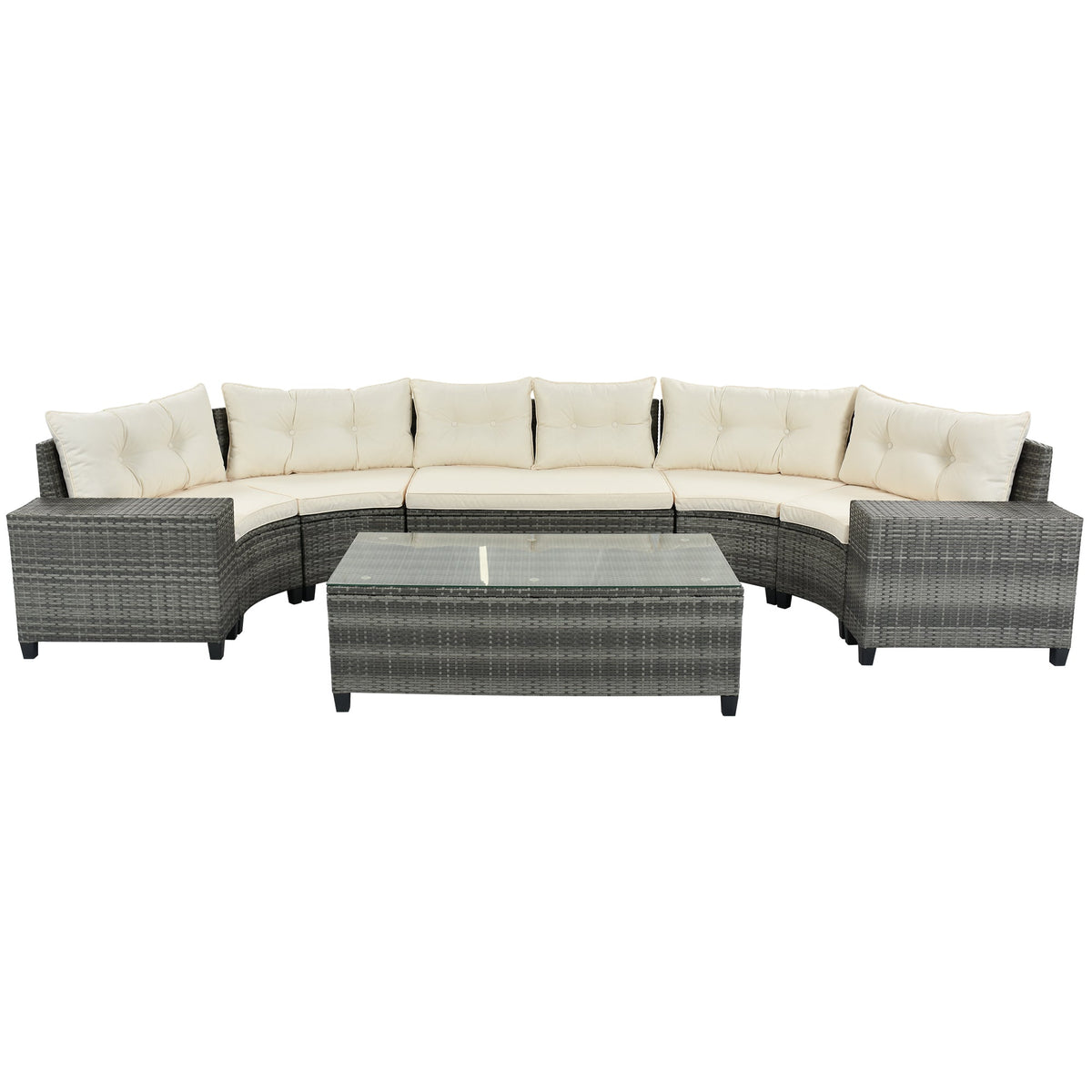 Roomfitters 8-Piece Outdoor Half-Moon Sectional Wicker Round Sofa Set with Tempered Glass Tables Beige Roomfitters