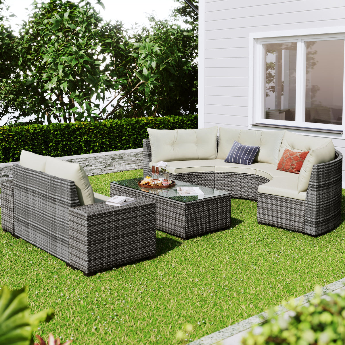 Roomfitters 8-Piece Outdoor Half-Moon Sectional Wicker Round Sofa Set with Tempered Glass Tables Beige Roomfitters