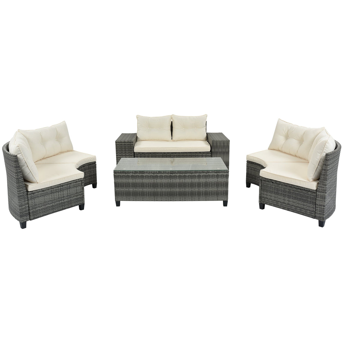 Roomfitters 8-Piece Outdoor Half-Moon Sectional Wicker Round Sofa Set with Tempered Glass Tables Beige Roomfitters