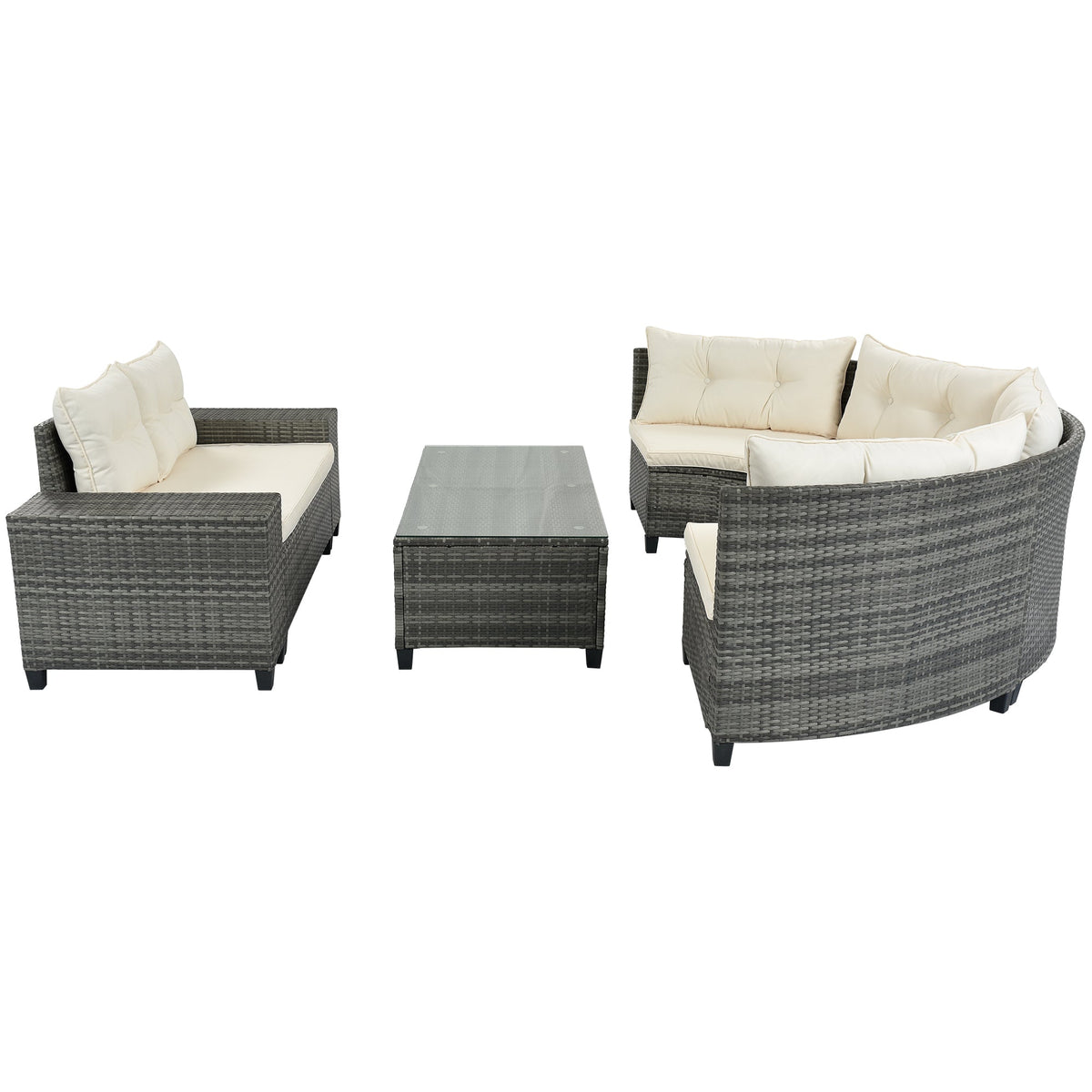 Roomfitters 8-Piece Outdoor Half-Moon Sectional Wicker Round Sofa Set with Tempered Glass Tables Beige Roomfitters
