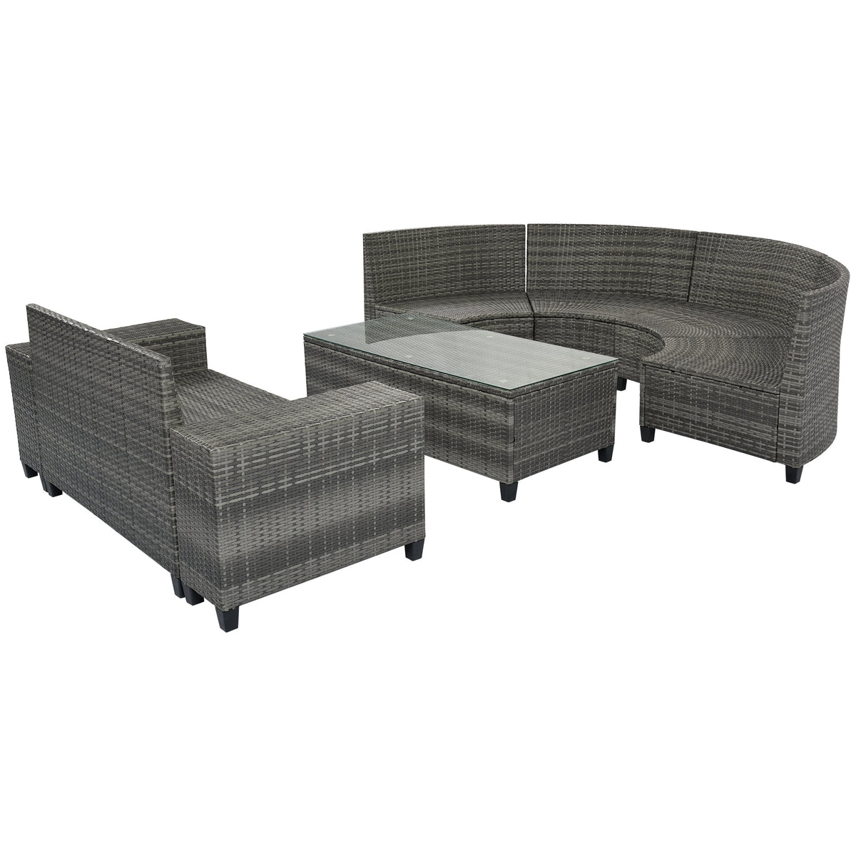 Roomfitters 8-Piece Half Moon Curved Outdoor Sectional Sofa Set, Grey PE Rattan Wicker Patio Furniture with Coffee Table, Gray Roomfitters