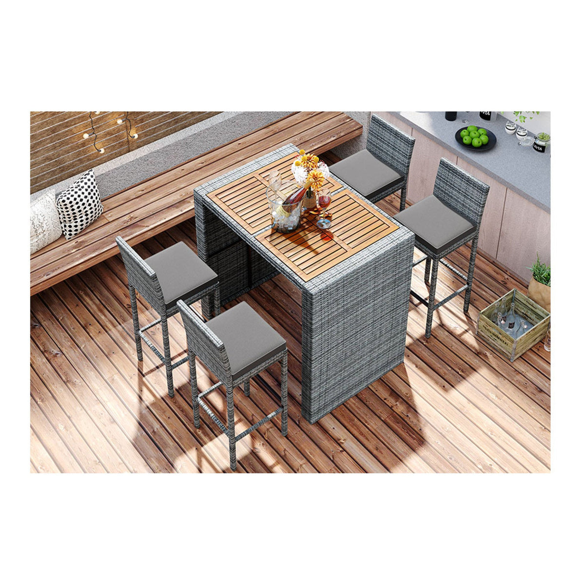 Roomfitters 5-Piece Outdoor Bar Set with High Top Wood Slat Table and 4 Wicker Bar Stools, All-Weather, Gray Roomfitters