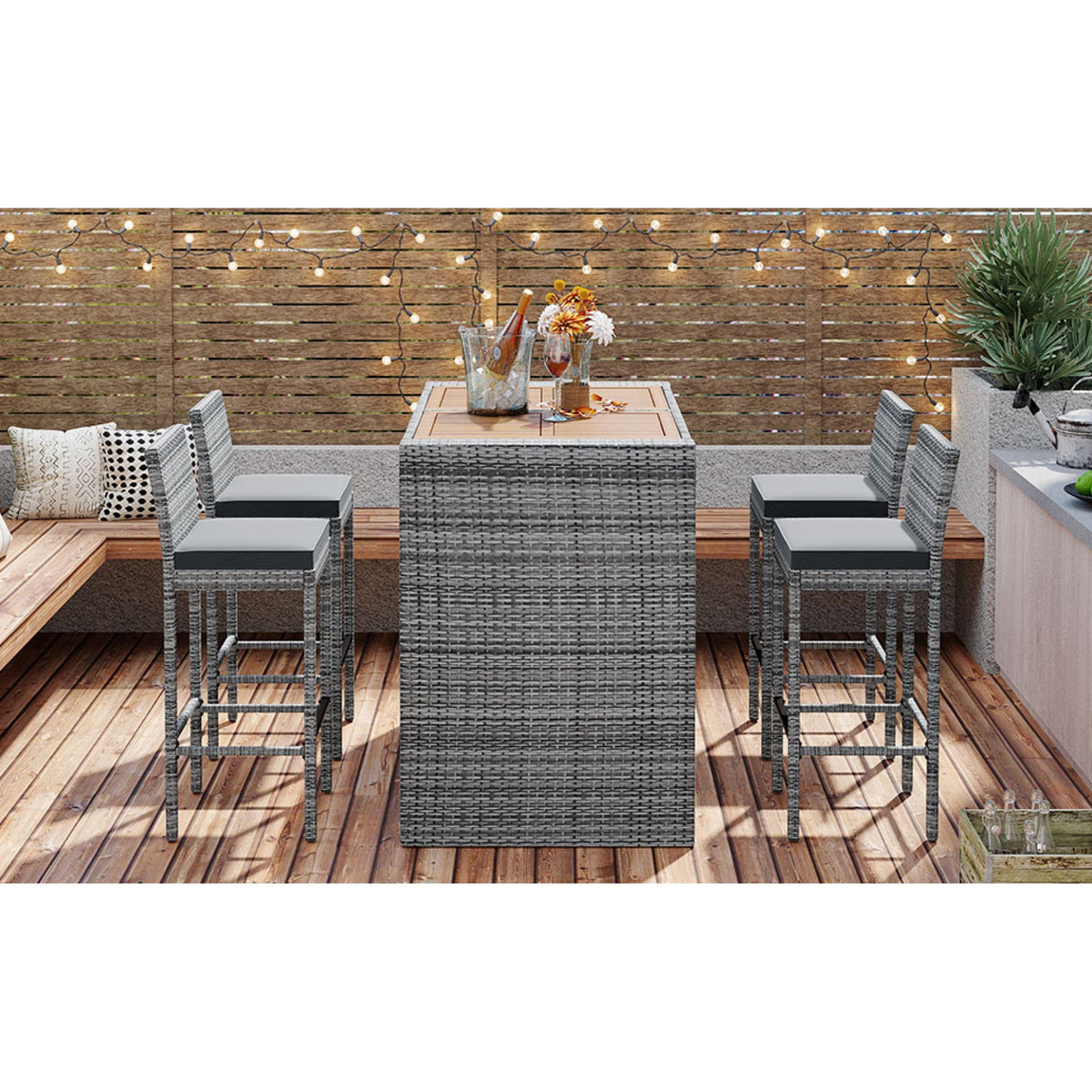 Roomfitters 5-Piece Outdoor Bar Set with High Top Wood Slat Table and 4 Wicker Bar Stools, All-Weather, Gray Roomfitters
