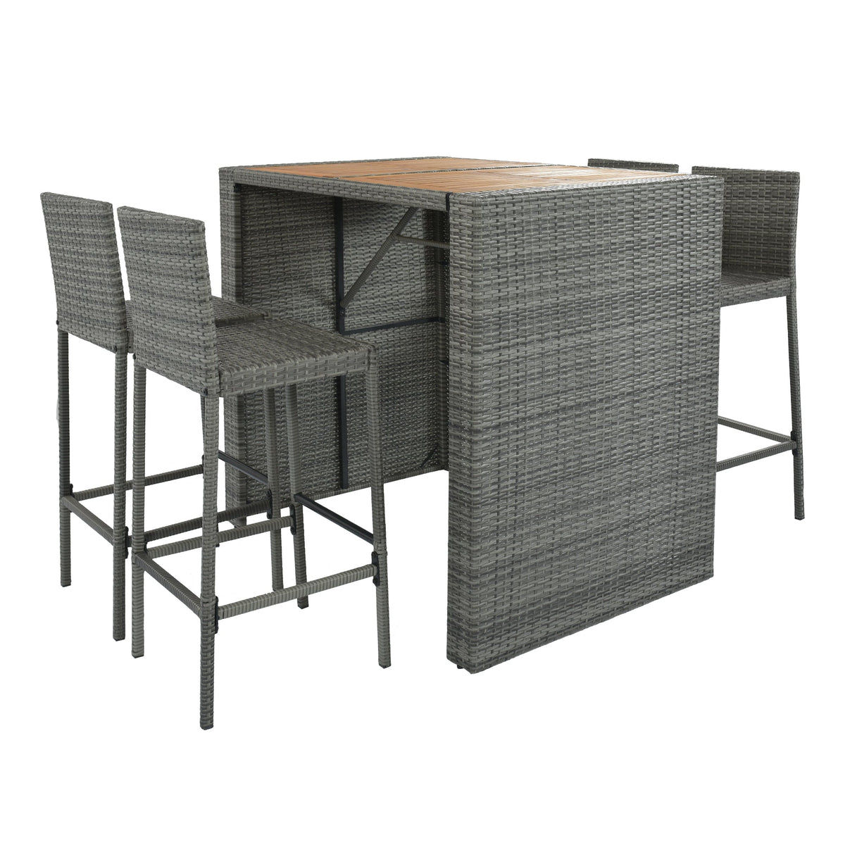 Roomfitters 5-Piece Outdoor Bar Set with High Top Wood Slat Table and 4 Wicker Bar Stools, All-Weather, Gray Roomfitters