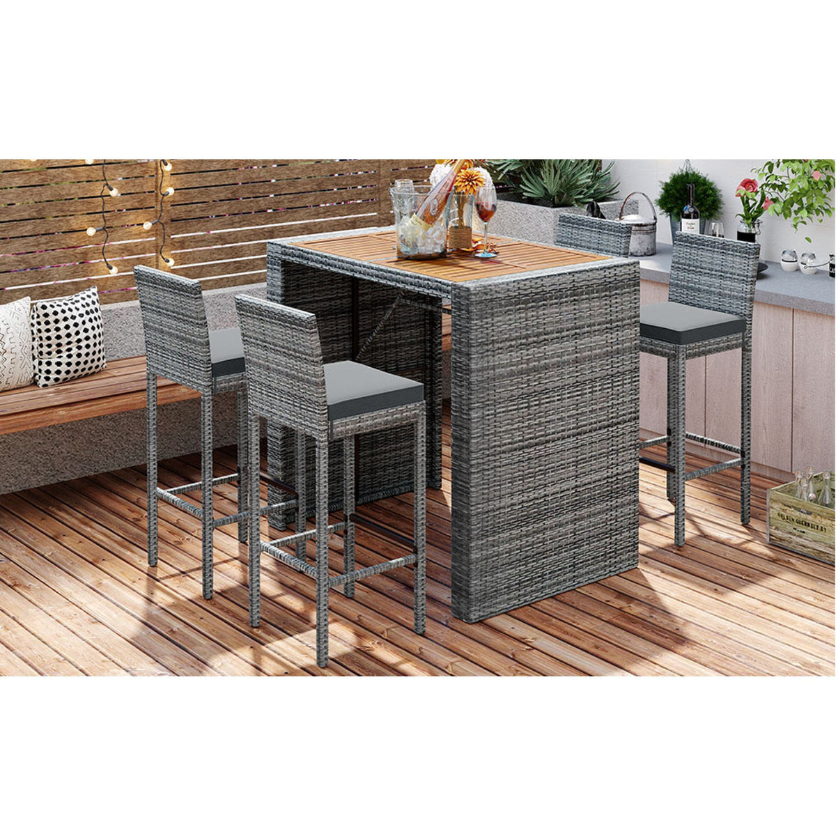 Roomfitters 5-Piece Outdoor Bar Set with High Top Wood Slat Table and 4 Wicker Bar Stools, All-Weather, Gray Roomfitters