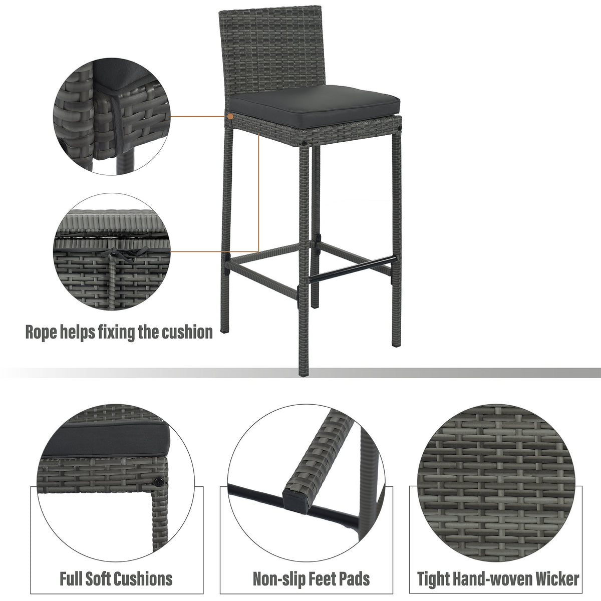 Roomfitters 5-Piece Outdoor Bar Set with High Top Wood Slat Table and 4 Wicker Bar Stools, All-Weather, Gray Roomfitters