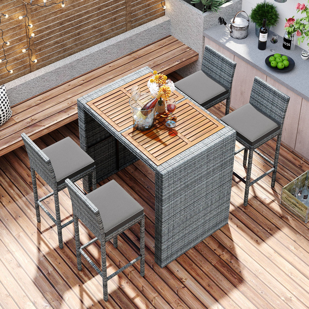 Roomfitters 5-Piece Outdoor Bar Set with High Top Wood Slat Table and 4 Wicker Bar Stools, All-Weather, Gray Roomfitters