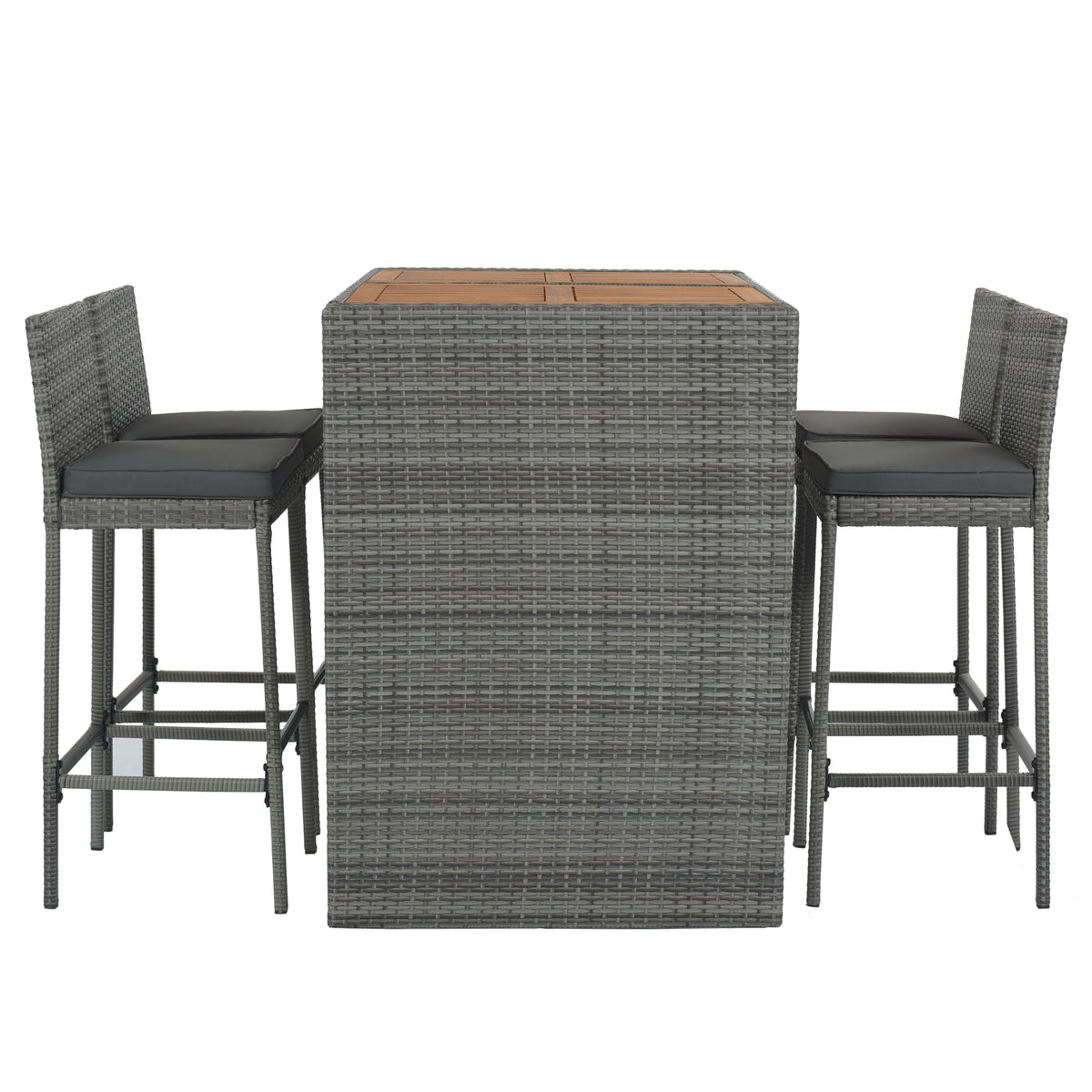 Roomfitters 5-Piece Outdoor Bar Set with High Top Wood Slat Table and 4 Wicker Bar Stools, All-Weather, Gray Roomfitters