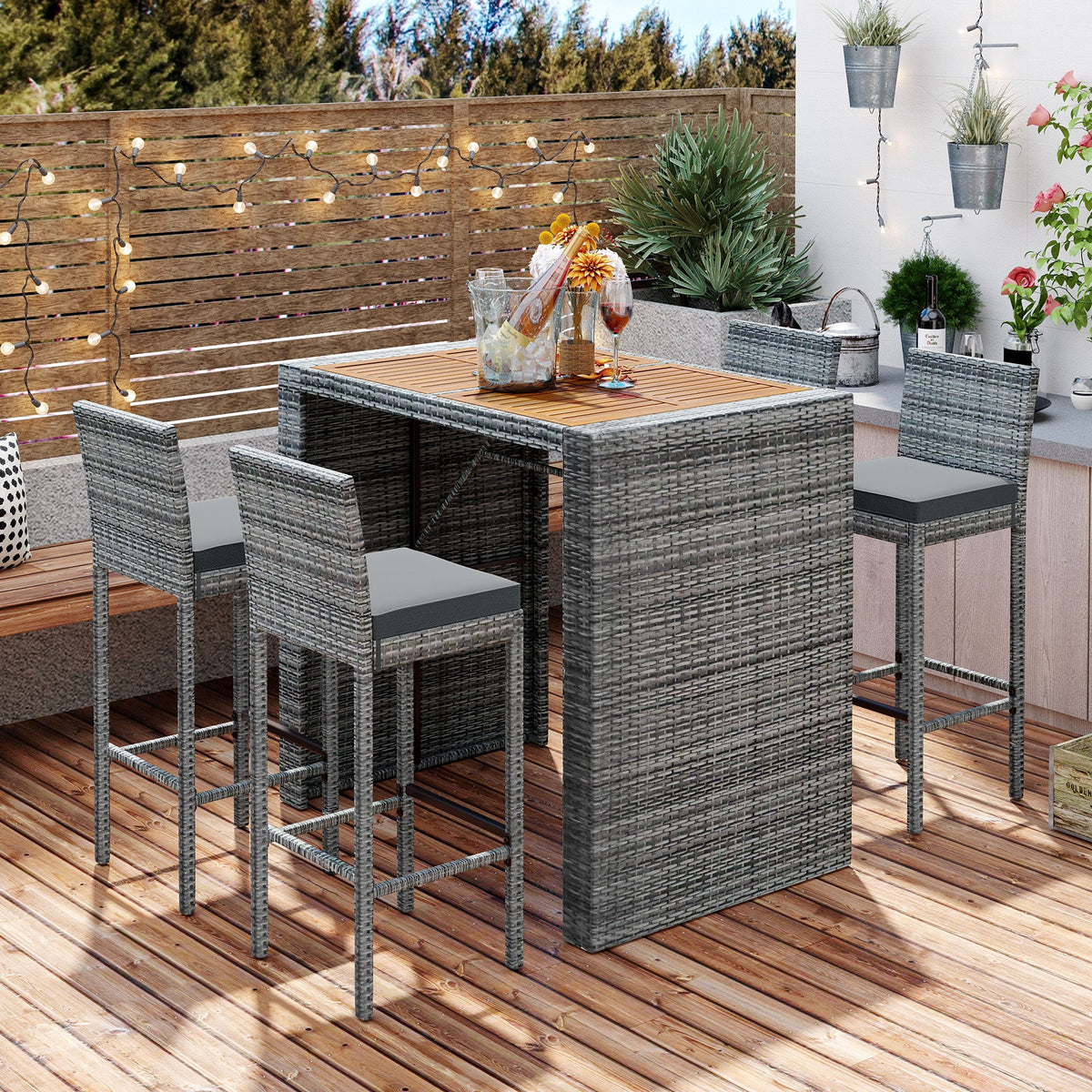 Roomfitters 5-Piece Outdoor Bar Set with High Top Wood Slat Table and 4 Wicker Bar Stools, All-Weather, Gray Roomfitters