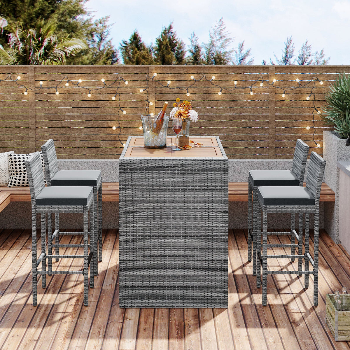 Roomfitters 5-Piece Outdoor Bar Set with High Top Wood Slat Table and 4 Wicker Bar Stools, All-Weather, Gray Roomfitters