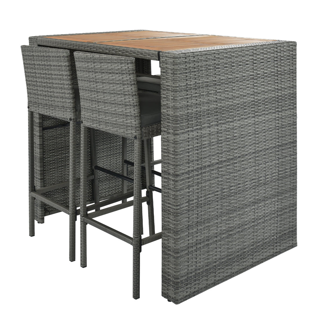 Roomfitters 5-Piece Outdoor Bar Set with High Top Wood Slat Table and 4 Wicker Bar Stools, All-Weather, Gray Roomfitters