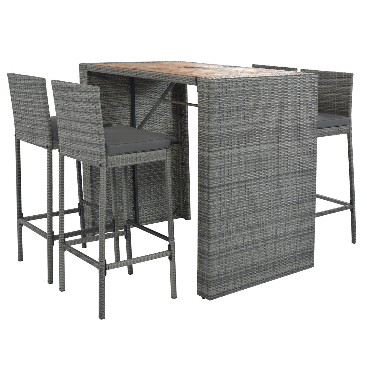 Roomfitters 5-Piece Outdoor Bar Set with High Top Wood Slat Table and 4 Wicker Bar Stools, All-Weather, Gray Roomfitters