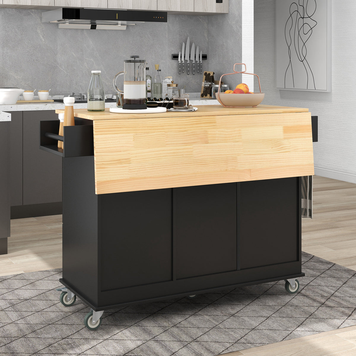 variant-group:rf-n707wf287035aab|Roomfitters Rolling Mobile Kitchen Island with Solid Wood Top and Locking Wheels, 52.7 Inch Width, Storage Cabinet and Drop Leaf Breakfast Bar, Spice Rack, Towel Rack & Drawer (Black)