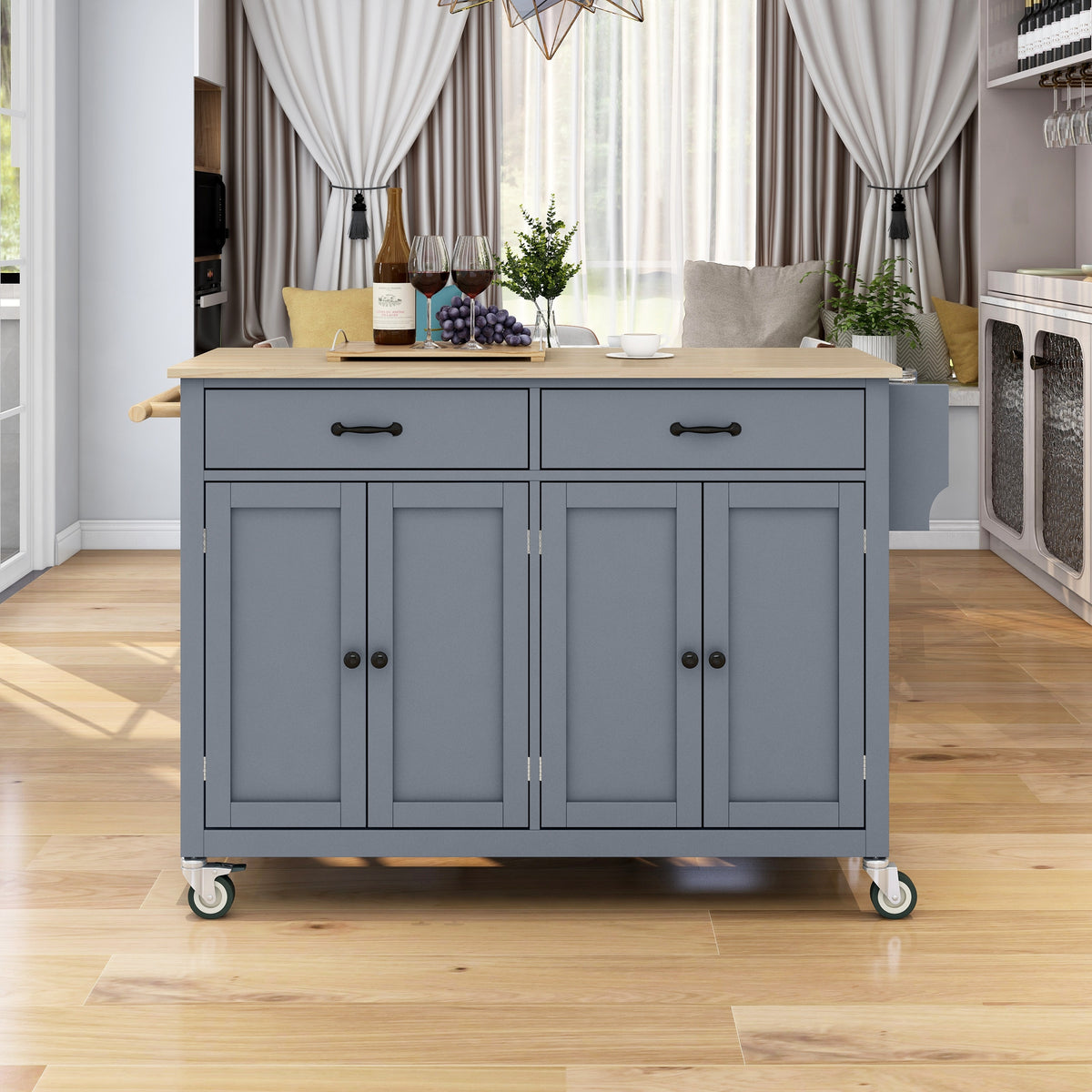 variant-group:rf-n707wf286911aag|Roomfitters Kitchen Island Cart with Solid Wood Top - 4 Door Cabinet, Two Drawers, Adjustable Shelves, Spice & Towel Rack, 2 Locking Wheels (Blue)