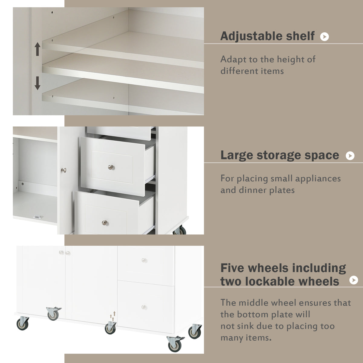variant-group:rf-n707wf287035aaw|Roomfitters Rolling Mobile Kitchen Island with Solid Wood Top and Locking Wheels, 52.7 Inch Width, Storage Cabinet and Drop Leaf Breakfast Bar, Spice Rack, Towel Rack & Drawer (White)