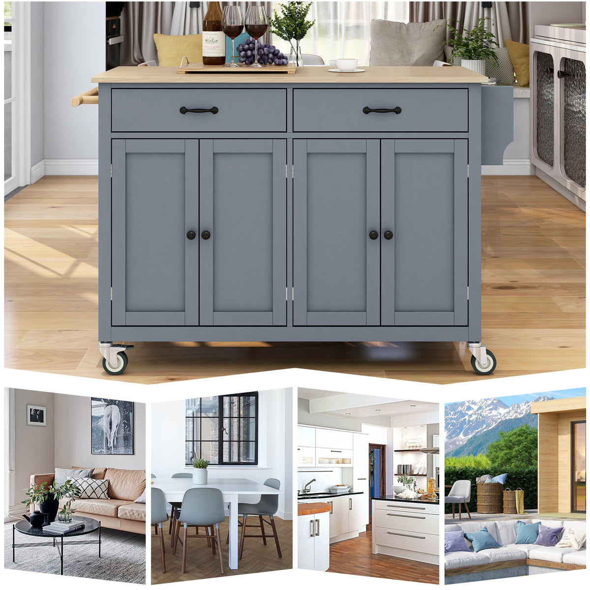 variant-group:rf-n707wf286911aag|Roomfitters Kitchen Island Cart with Solid Wood Top - 4 Door Cabinet, Two Drawers, Adjustable Shelves, Spice & Towel Rack, 2 Locking Wheels (Blue)