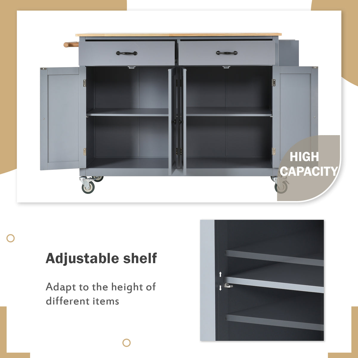 variant-group:rf-n707wf286911aag|Roomfitters Kitchen Island Cart with Solid Wood Top - 4 Door Cabinet, Two Drawers, Adjustable Shelves, Spice & Towel Rack, 2 Locking Wheels (Blue)