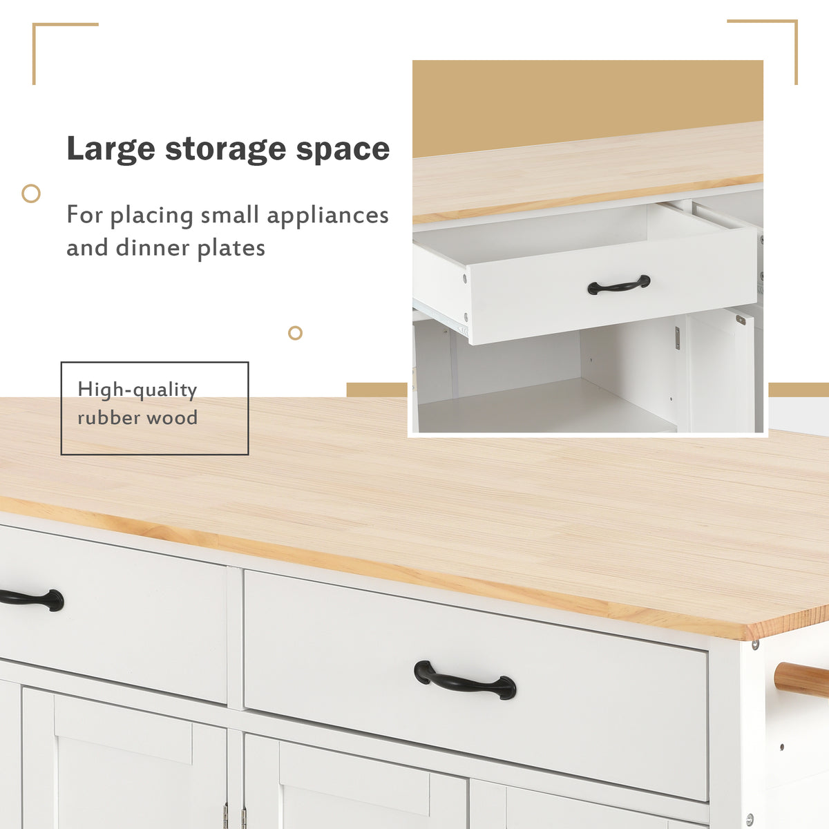 variant-group:rf-n707wf286911aaw|Roomfitters Kitchen Island Cart with Solid Wood Top - 4 Door Cabinet, Two Drawers, Adjustable Shelves, Spice & Towel Rack, 2 Locking Wheels (White)