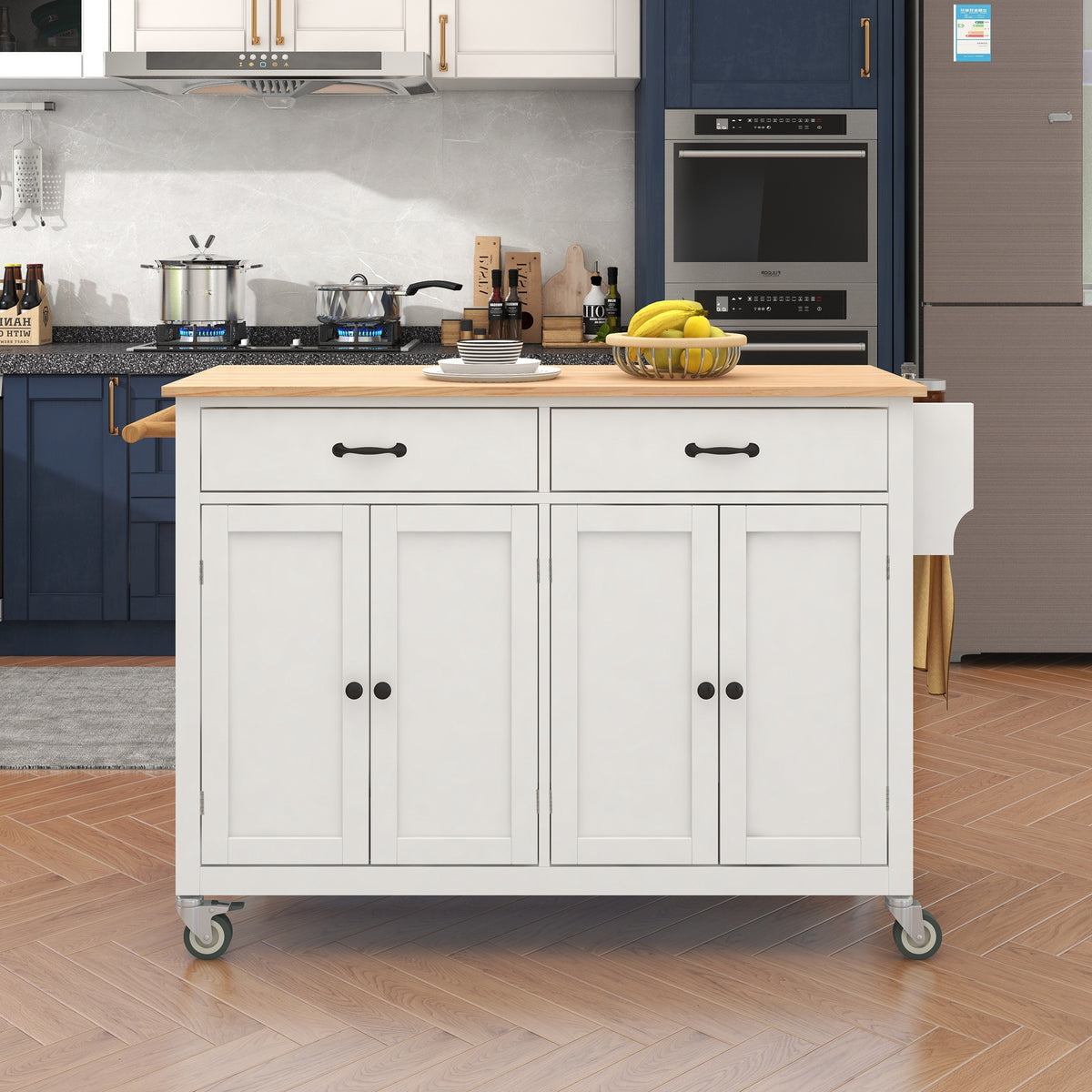 variant-group:rf-n707wf286911aaw|Roomfitters Kitchen Island Cart with Solid Wood Top - 4 Door Cabinet, Two Drawers, Adjustable Shelves, Spice & Towel Rack, 2 Locking Wheels (White)