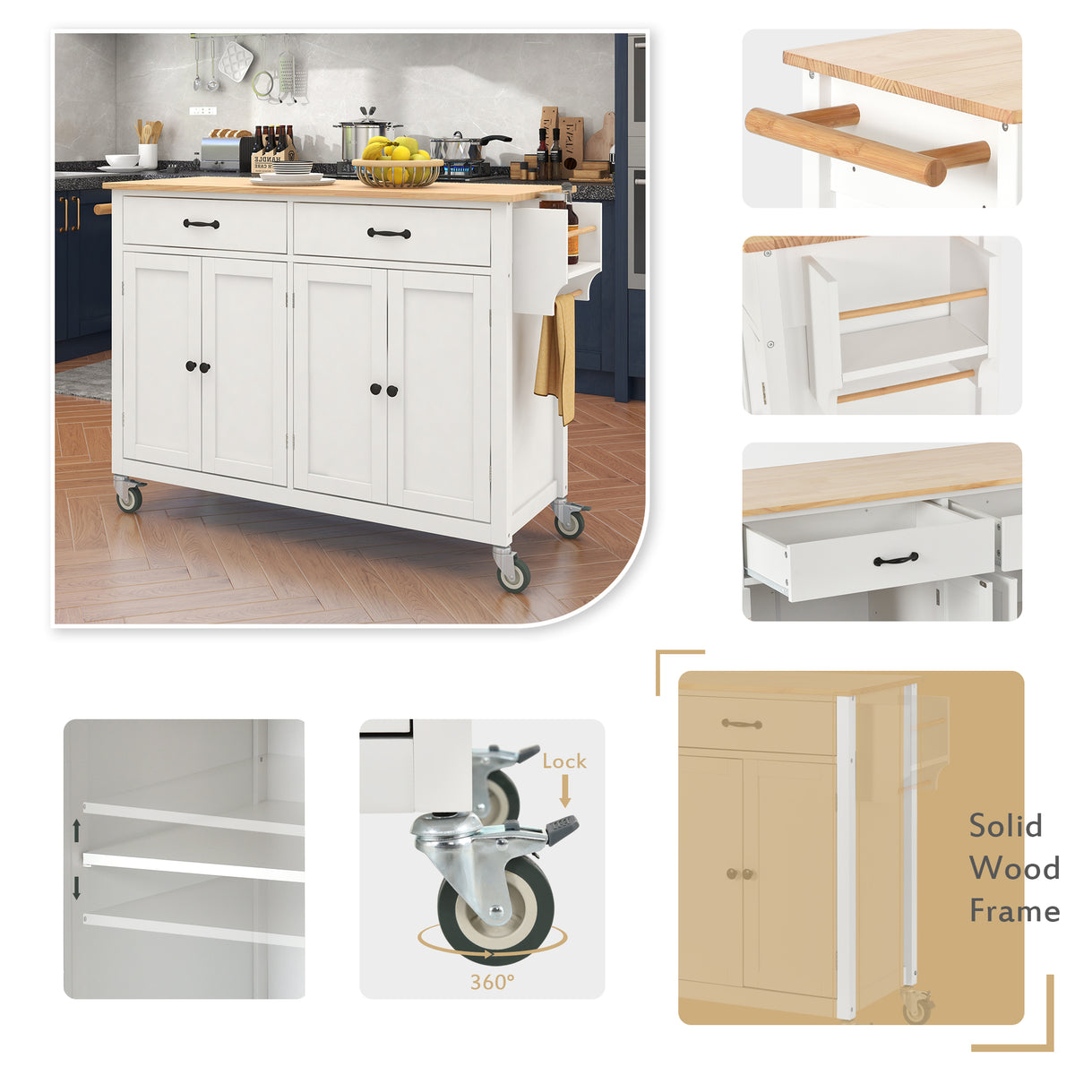variant-group:rf-n707wf286911aaw|Roomfitters Kitchen Island Cart with Solid Wood Top - 4 Door Cabinet, Two Drawers, Adjustable Shelves, Spice & Towel Rack, 2 Locking Wheels (White)