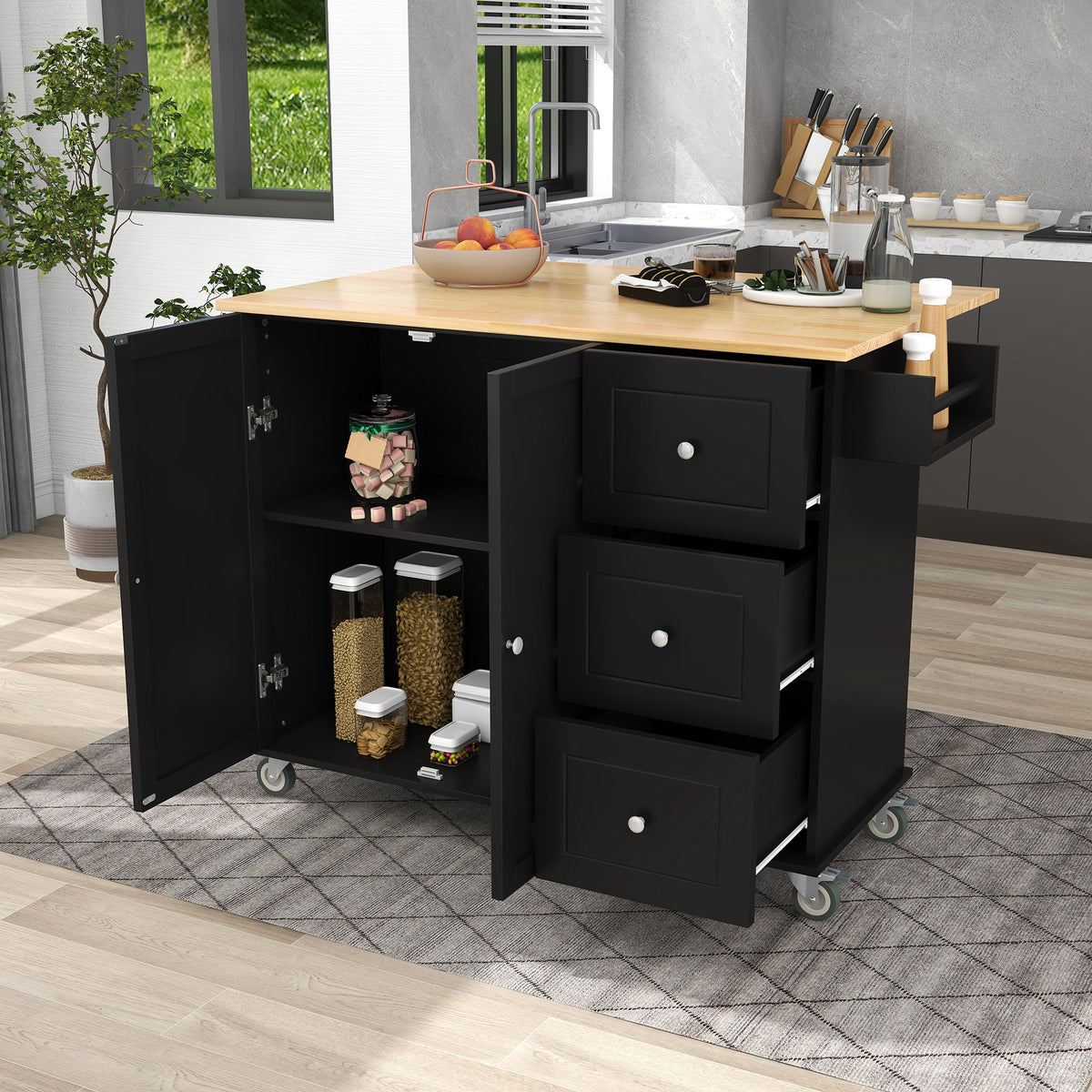 variant-group:rf-n707wf287035aab|Roomfitters Rolling Mobile Kitchen Island with Solid Wood Top and Locking Wheels, 52.7 Inch Width, Storage Cabinet and Drop Leaf Breakfast Bar, Spice Rack, Towel Rack & Drawer (Black)