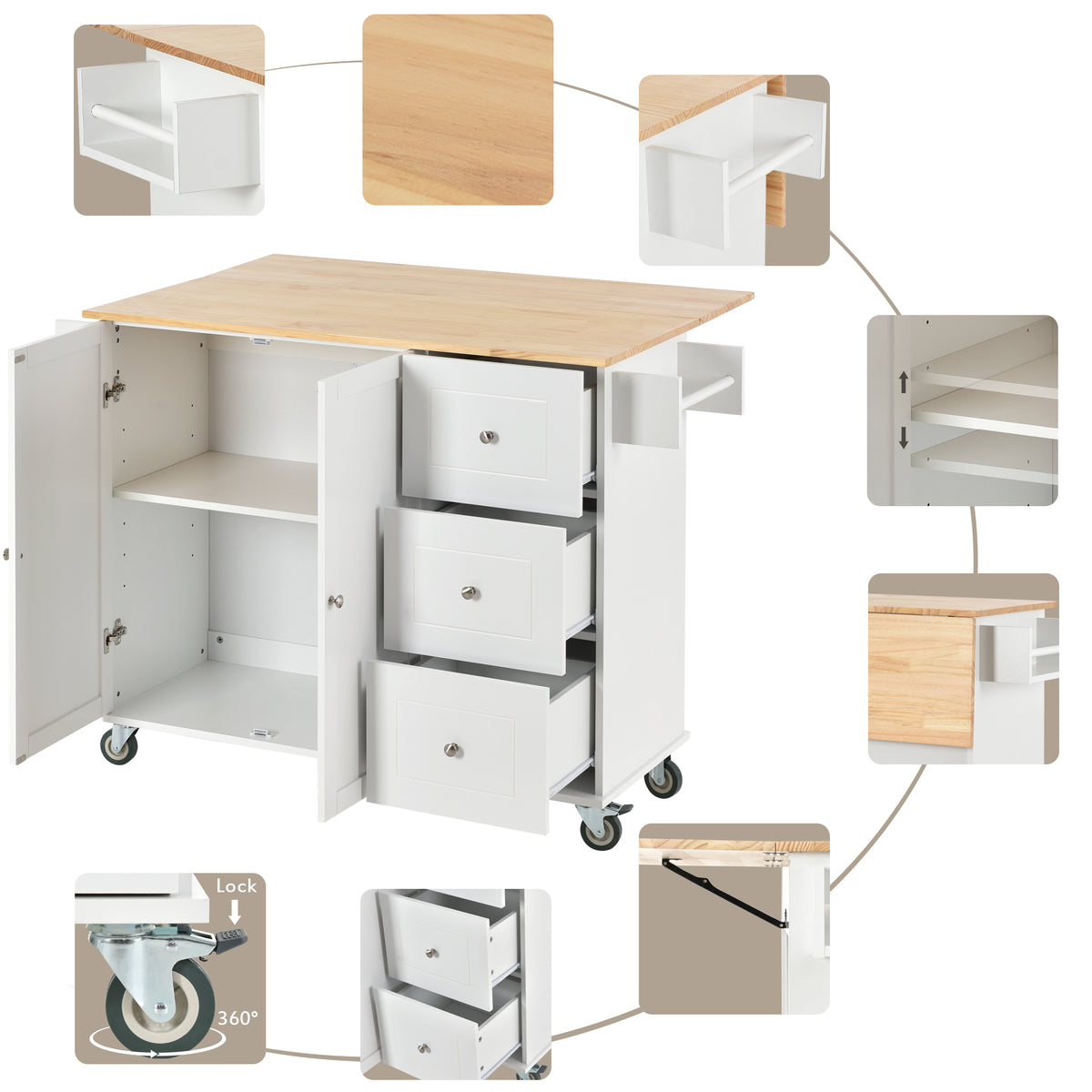 variant-group:rf-n707wf287035aaw|Roomfitters Rolling Mobile Kitchen Island with Solid Wood Top and Locking Wheels, 52.7 Inch Width, Storage Cabinet and Drop Leaf Breakfast Bar, Spice Rack, Towel Rack & Drawer (White)
