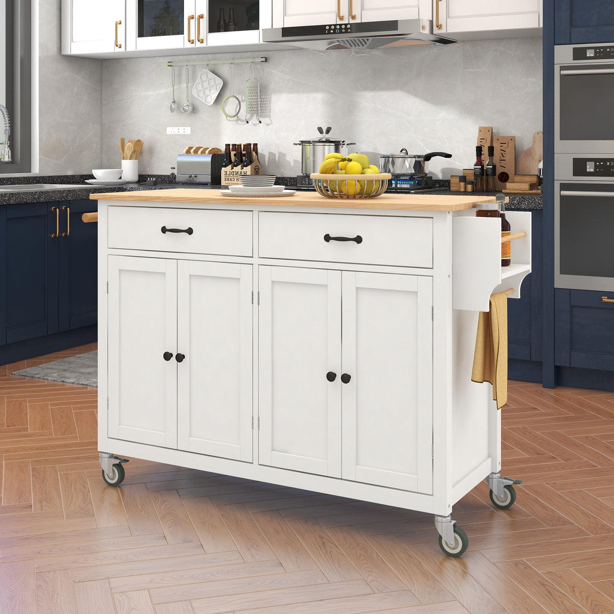 variant-group:rf-n707wf286911aaw|Roomfitters Kitchen Island Cart with Solid Wood Top - 4 Door Cabinet, Two Drawers, Adjustable Shelves, Spice & Towel Rack, 2 Locking Wheels (White)