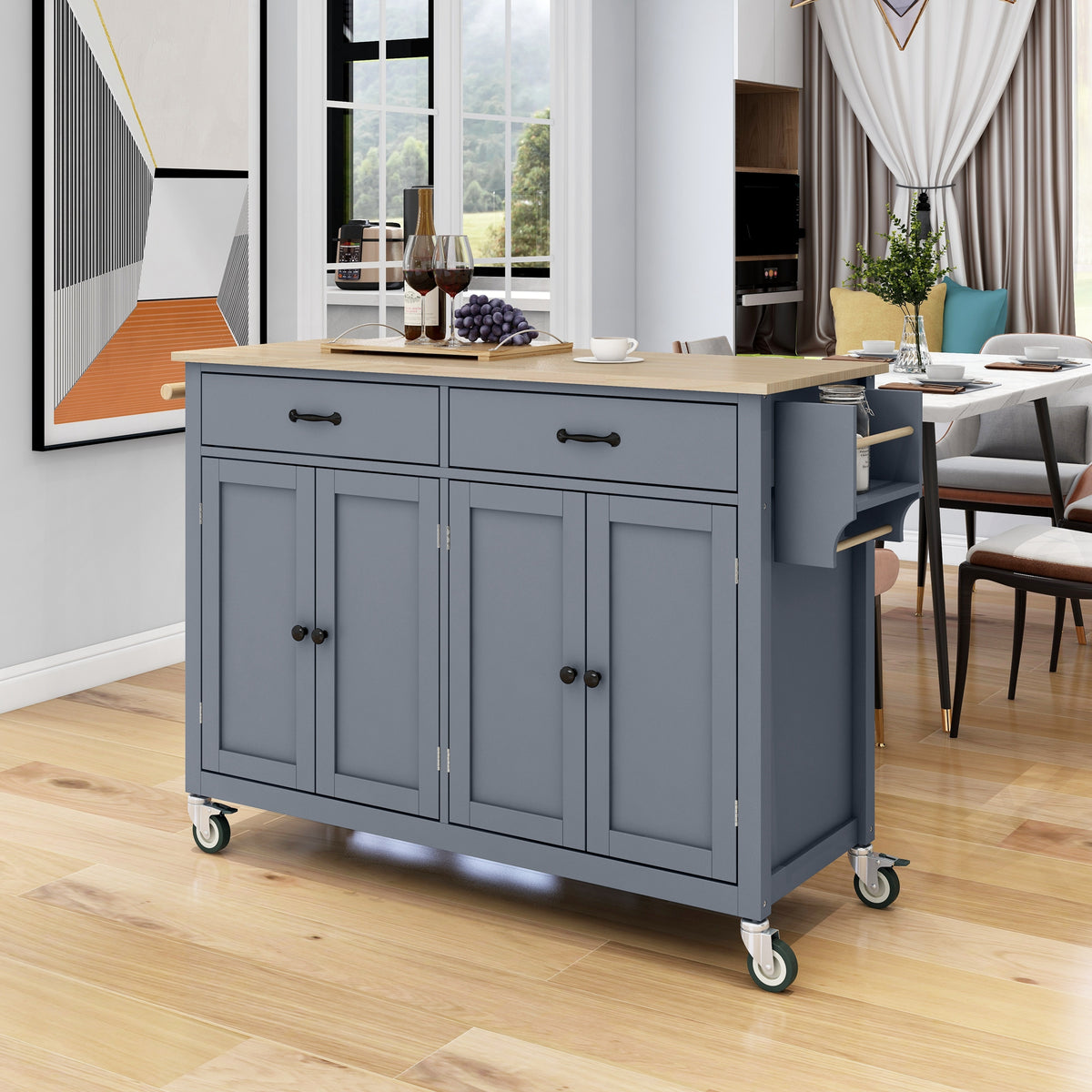 variant-group:rf-n707wf286911aag|Roomfitters Kitchen Island Cart with Solid Wood Top - 4 Door Cabinet, Two Drawers, Adjustable Shelves, Spice & Towel Rack, 2 Locking Wheels (Blue)