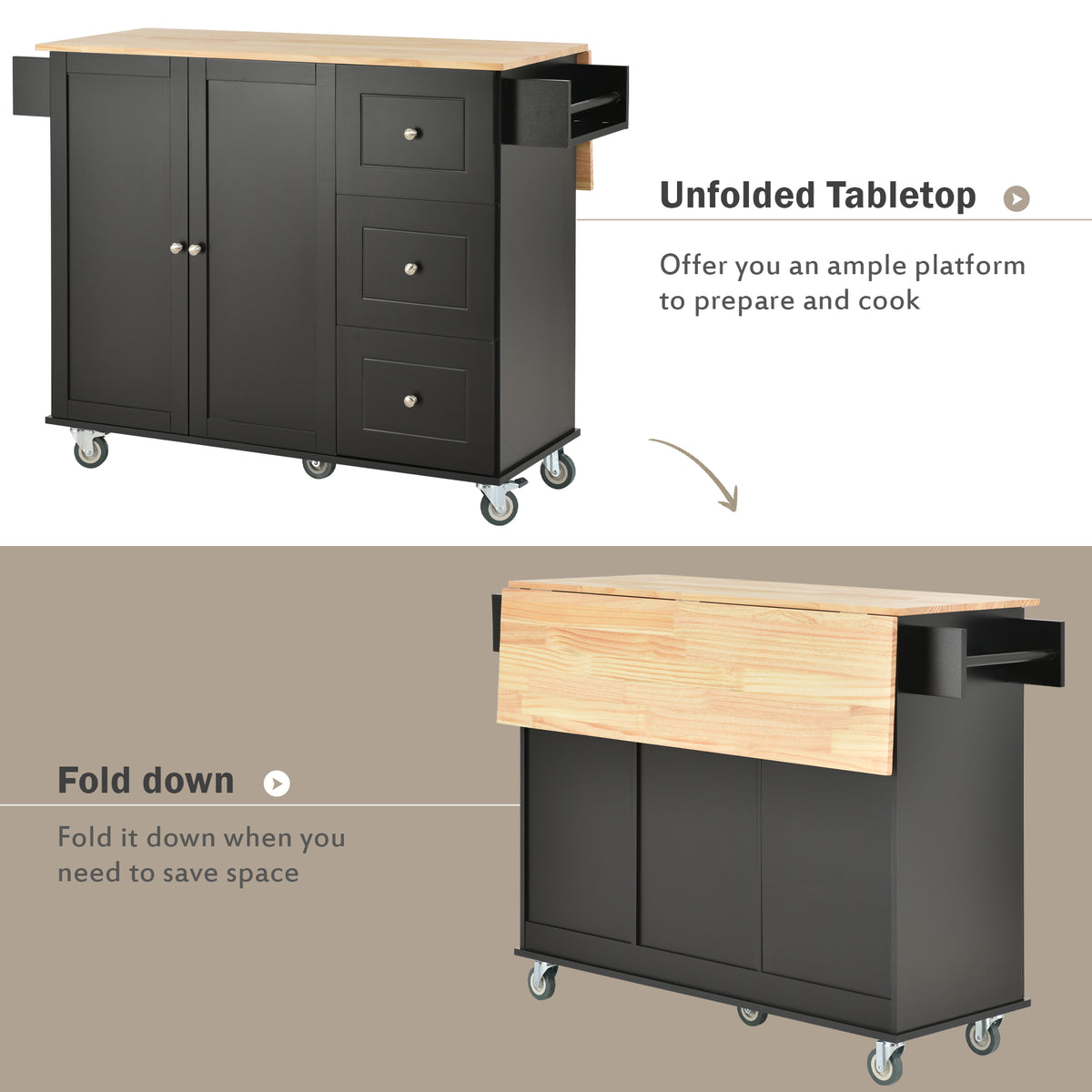 variant-group:rf-n707wf287035aab|Roomfitters Rolling Mobile Kitchen Island with Solid Wood Top and Locking Wheels, 52.7 Inch Width, Storage Cabinet and Drop Leaf Breakfast Bar, Spice Rack, Towel Rack & Drawer (Black)