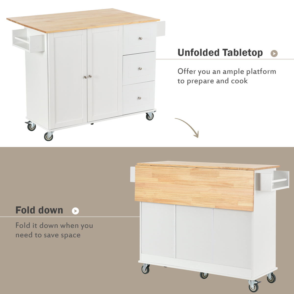 variant-group:rf-n707wf287035aaw|Roomfitters Rolling Mobile Kitchen Island with Solid Wood Top and Locking Wheels, 52.7 Inch Width, Storage Cabinet and Drop Leaf Breakfast Bar, Spice Rack, Towel Rack & Drawer (White)