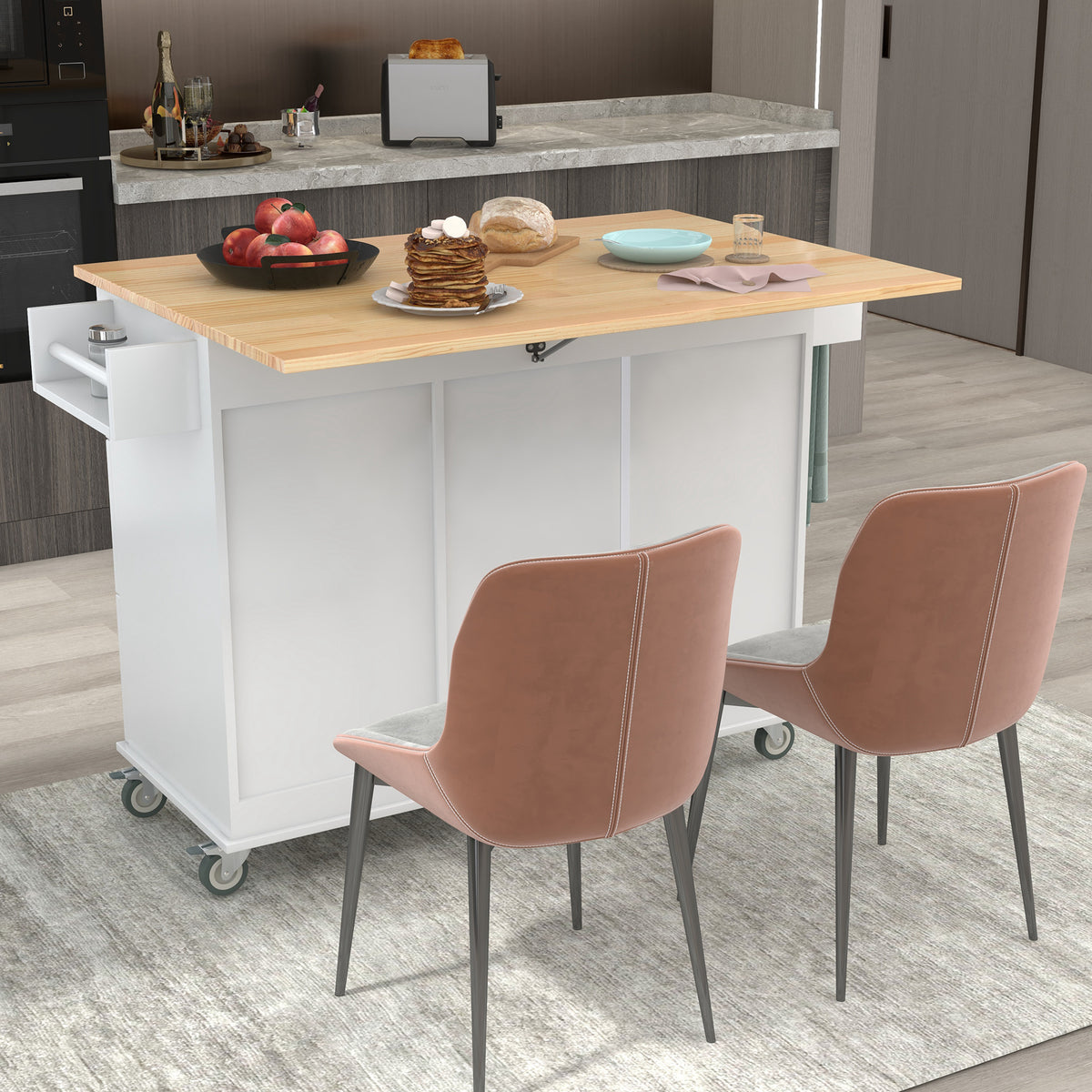 variant-group:rf-n707wf287035aaw|Roomfitters Rolling Mobile Kitchen Island with Solid Wood Top and Locking Wheels, 52.7 Inch Width, Storage Cabinet and Drop Leaf Breakfast Bar, Spice Rack, Towel Rack & Drawer (White)