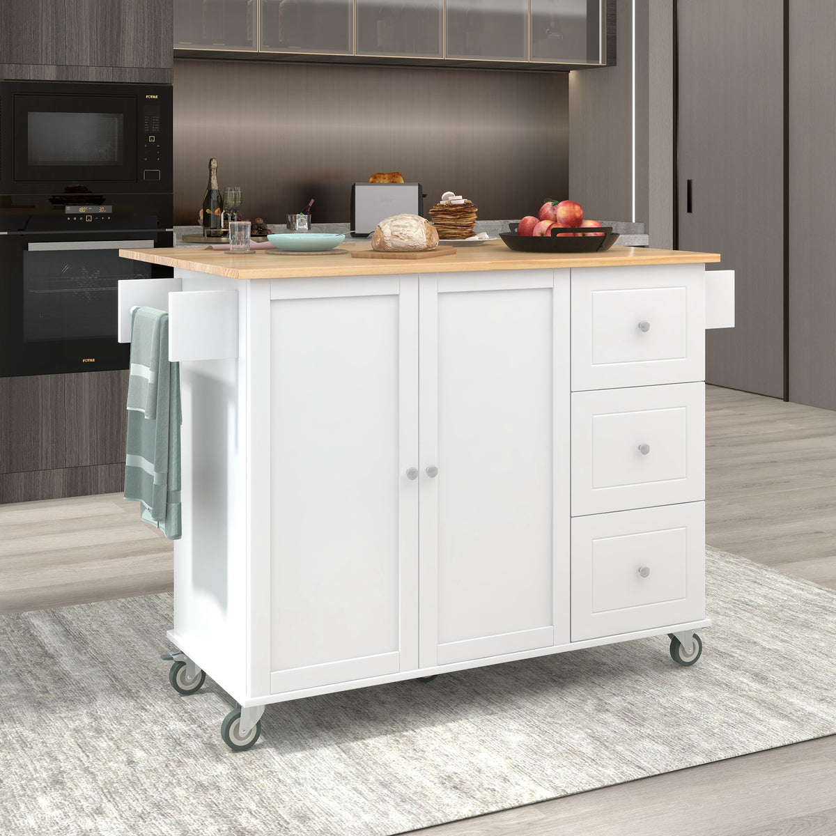 variant-group:rf-n707wf287035aaw|Roomfitters Rolling Mobile Kitchen Island with Solid Wood Top and Locking Wheels, 52.7 Inch Width, Storage Cabinet and Drop Leaf Breakfast Bar, Spice Rack, Towel Rack & Drawer (White)