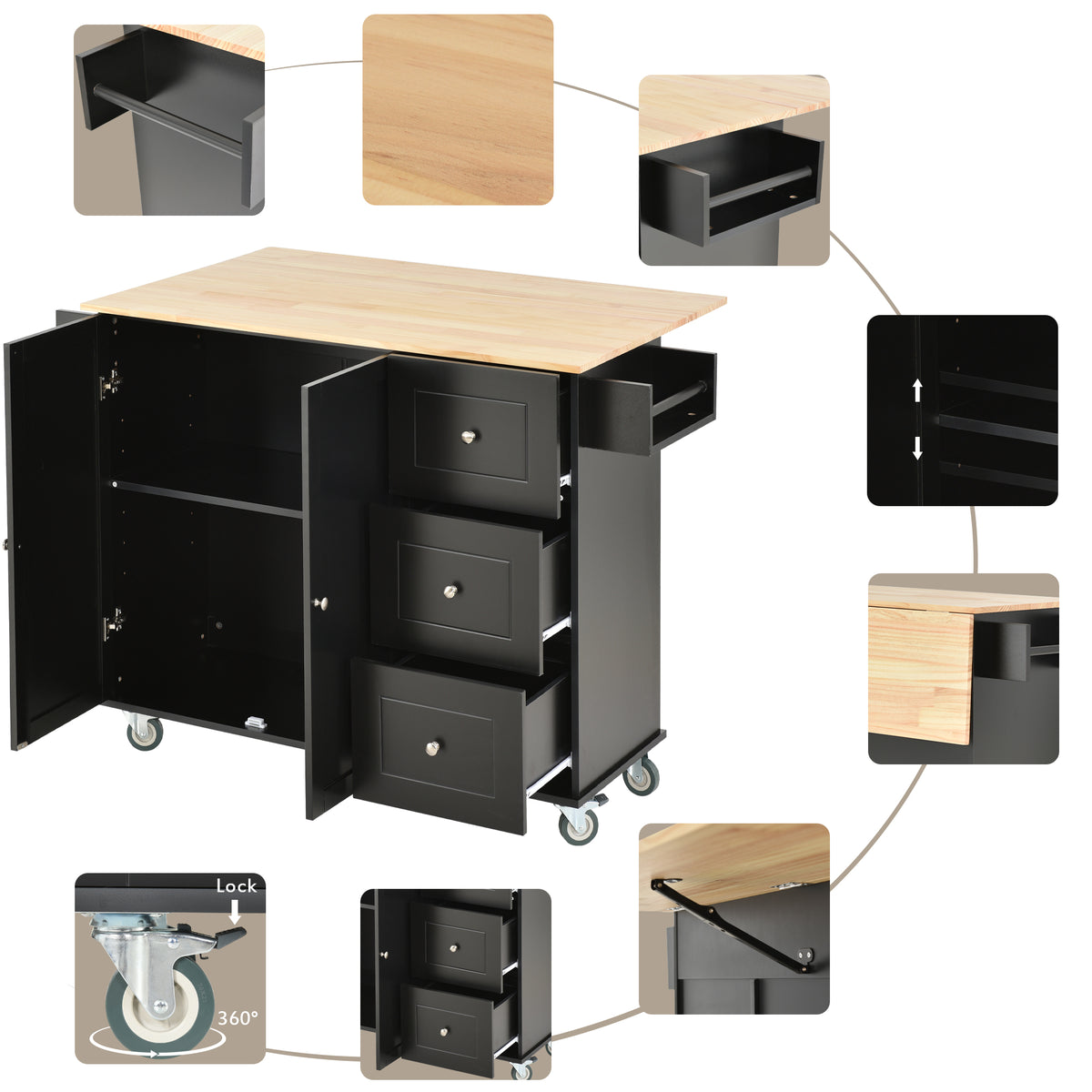 variant-group:rf-n707wf287035aab|Roomfitters Rolling Mobile Kitchen Island with Solid Wood Top and Locking Wheels, 52.7 Inch Width, Storage Cabinet and Drop Leaf Breakfast Bar, Spice Rack, Towel Rack & Drawer (Black)