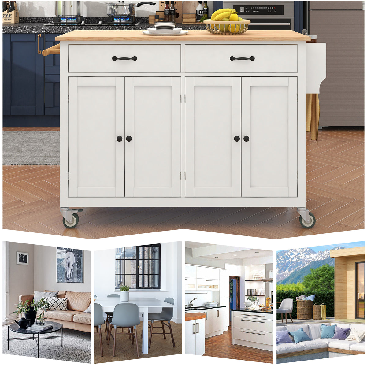 variant-group:rf-n707wf286911aaw|Roomfitters Kitchen Island Cart with Solid Wood Top - 4 Door Cabinet, Two Drawers, Adjustable Shelves, Spice & Towel Rack, 2 Locking Wheels (White)