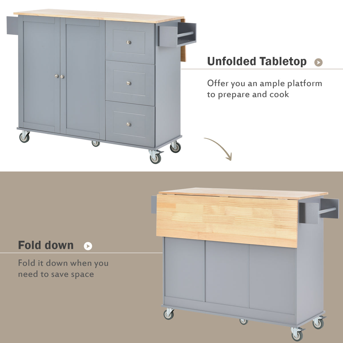variant-group:rf-n707wf287035aag|Roomfitters Rolling Mobile Kitchen Island with Solid Wood Top and Locking Wheels, 52.7 Inch Width, Storage Cabinet and Drop Leaf Breakfast Bar, Spice Rack, Towel Rack & Drawer (Blue)