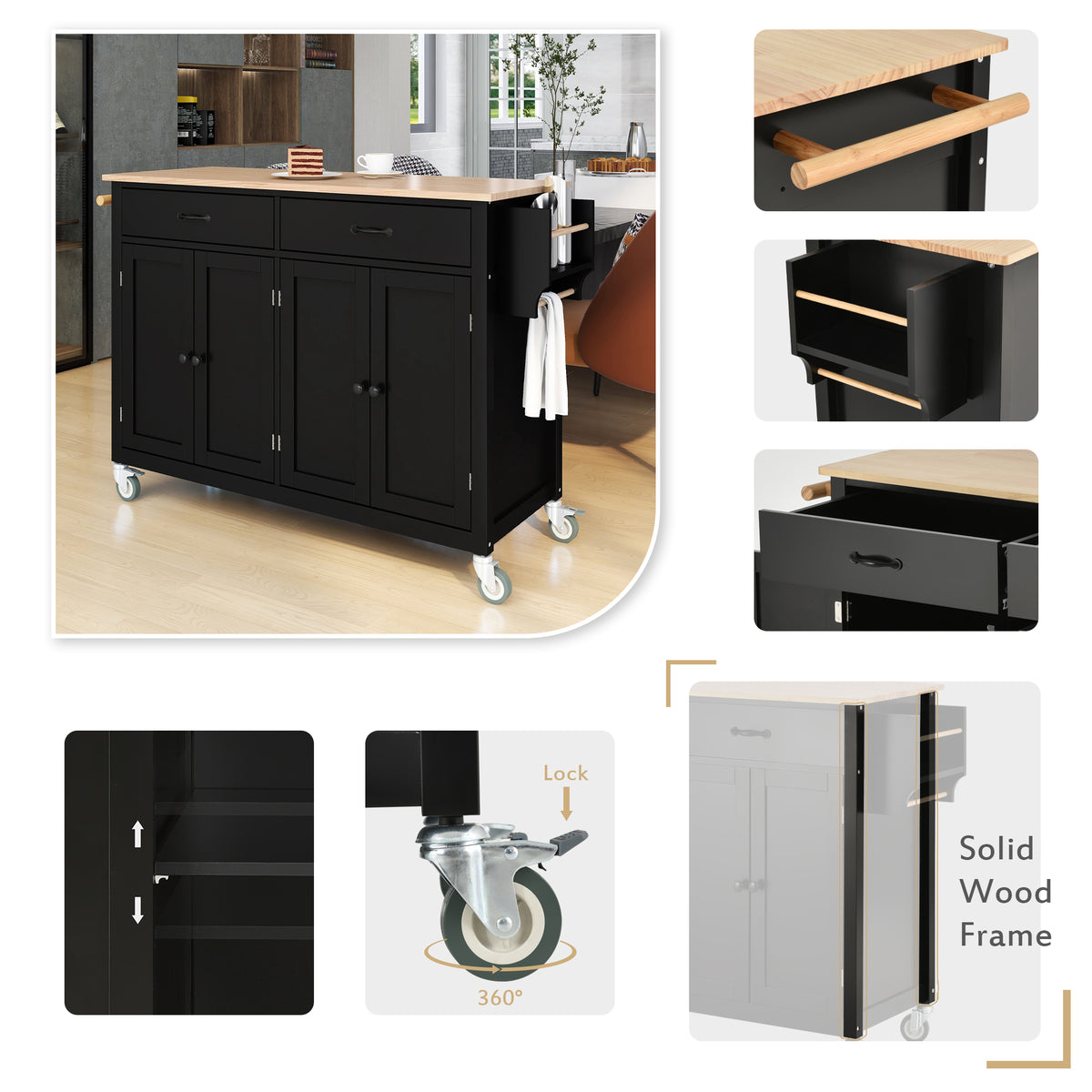 variant-group:rf-n707wf286911aab|Roomfitters Kitchen Island Cart with Solid Wood Top - 4 Door Cabinet, Two Drawers, Adjustable Shelves, Spice & Towel Rack, 2 Locking Wheels (Black)