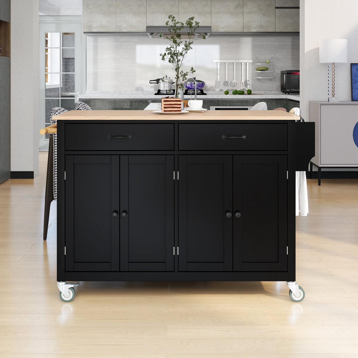 variant-group:rf-n707wf286911aab|Roomfitters Kitchen Island Cart with Solid Wood Top - 4 Door Cabinet, Two Drawers, Adjustable Shelves, Spice & Towel Rack, 2 Locking Wheels (Black)