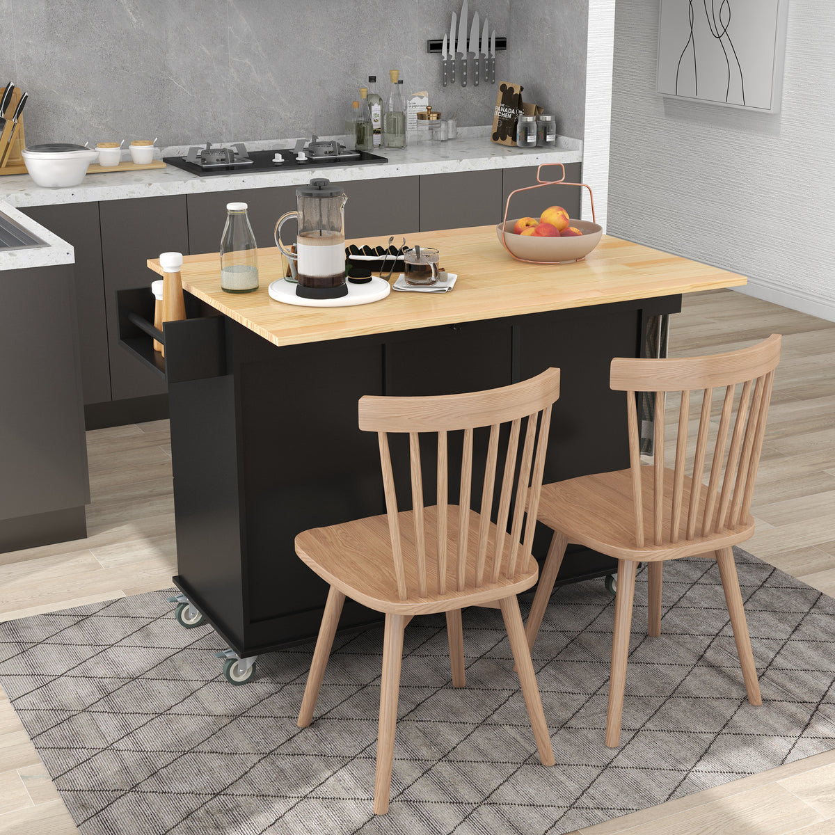 variant-group:rf-n707wf287035aab|Roomfitters Rolling Mobile Kitchen Island with Solid Wood Top and Locking Wheels, 52.7 Inch Width, Storage Cabinet and Drop Leaf Breakfast Bar, Spice Rack, Towel Rack & Drawer (Black)