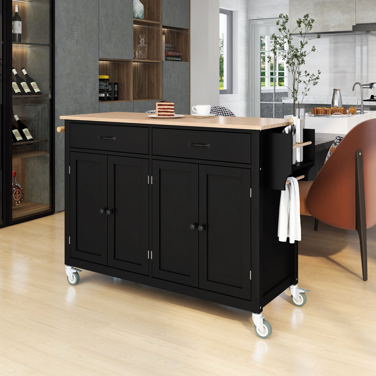 variant-group:rf-n707wf286911aab|Roomfitters Kitchen Island Cart with Solid Wood Top - 4 Door Cabinet, Two Drawers, Adjustable Shelves, Spice & Towel Rack, 2 Locking Wheels (Black)