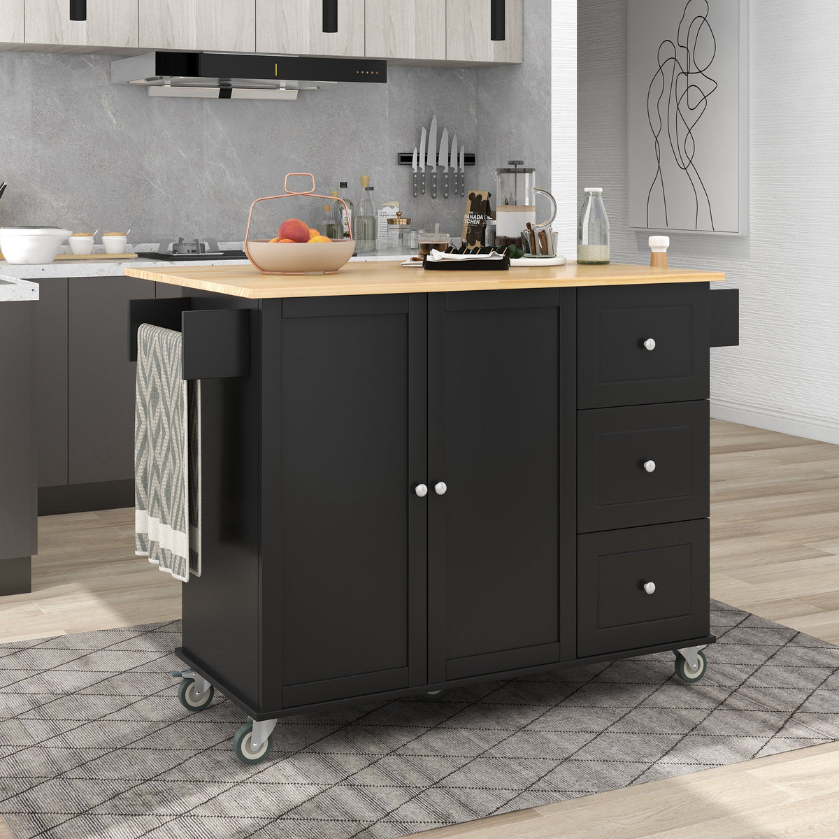 variant-group:rf-n707wf287035aab|Roomfitters Rolling Mobile Kitchen Island with Solid Wood Top and Locking Wheels, 52.7 Inch Width, Storage Cabinet and Drop Leaf Breakfast Bar, Spice Rack, Towel Rack & Drawer (Black)