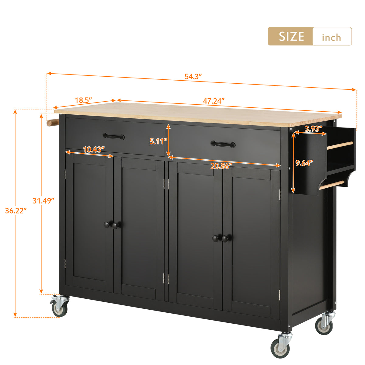 variant-group:rf-n707wf286911aab|Roomfitters Kitchen Island Cart with Solid Wood Top - 4 Door Cabinet, Two Drawers, Adjustable Shelves, Spice & Towel Rack, 2 Locking Wheels (Black)