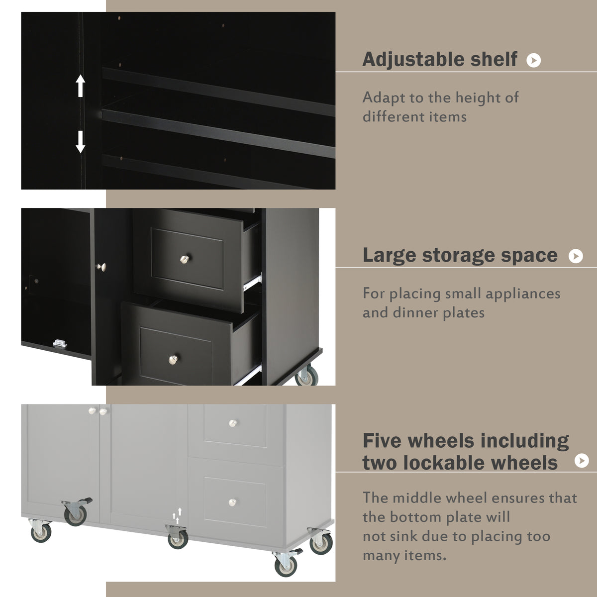 variant-group:rf-n707wf287035aab|Roomfitters Rolling Mobile Kitchen Island with Solid Wood Top and Locking Wheels, 52.7 Inch Width, Storage Cabinet and Drop Leaf Breakfast Bar, Spice Rack, Towel Rack & Drawer (Black)