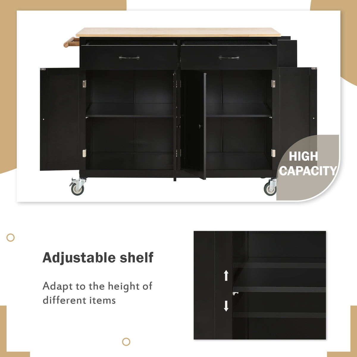 variant-group:rf-n707wf286911aab|Roomfitters Kitchen Island Cart with Solid Wood Top - 4 Door Cabinet, Two Drawers, Adjustable Shelves, Spice & Towel Rack, 2 Locking Wheels (Black)