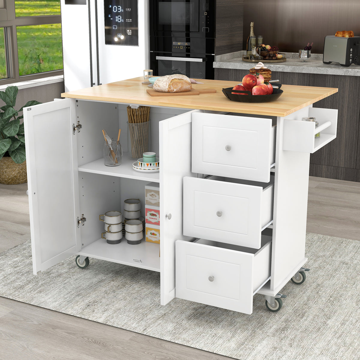 variant-group:rf-n707wf287035aaw|Roomfitters Rolling Mobile Kitchen Island with Solid Wood Top and Locking Wheels, 52.7 Inch Width, Storage Cabinet and Drop Leaf Breakfast Bar, Spice Rack, Towel Rack & Drawer (White)