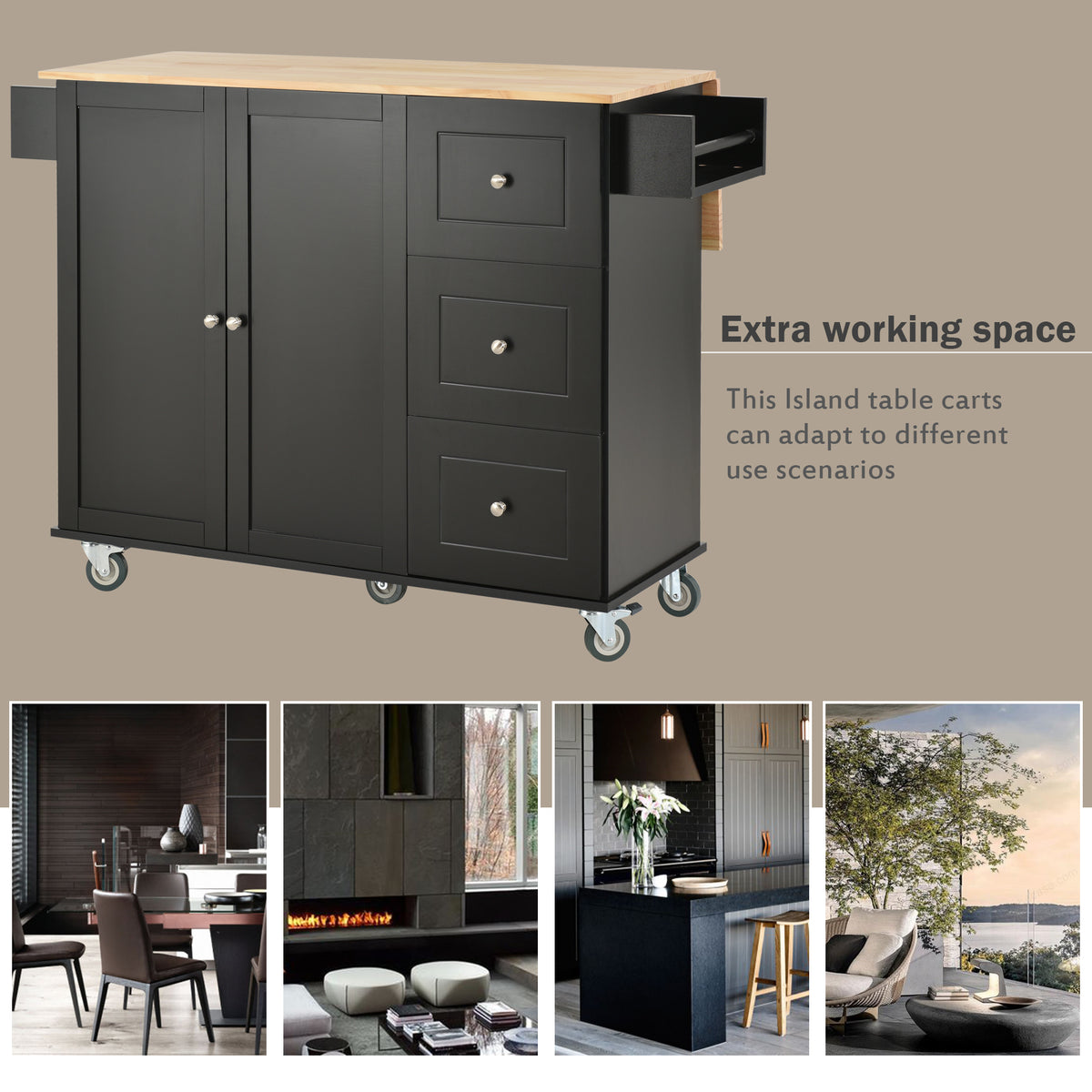 variant-group:rf-n707wf287035aab|Roomfitters Rolling Mobile Kitchen Island with Solid Wood Top and Locking Wheels, 52.7 Inch Width, Storage Cabinet and Drop Leaf Breakfast Bar, Spice Rack, Towel Rack & Drawer (Black)