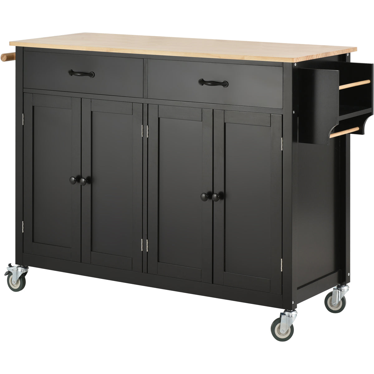 variant-group:rf-n707wf286911aab|Roomfitters Kitchen Island Cart with Solid Wood Top - 4 Door Cabinet, Two Drawers, Adjustable Shelves, Spice & Towel Rack, 2 Locking Wheels (Black)
