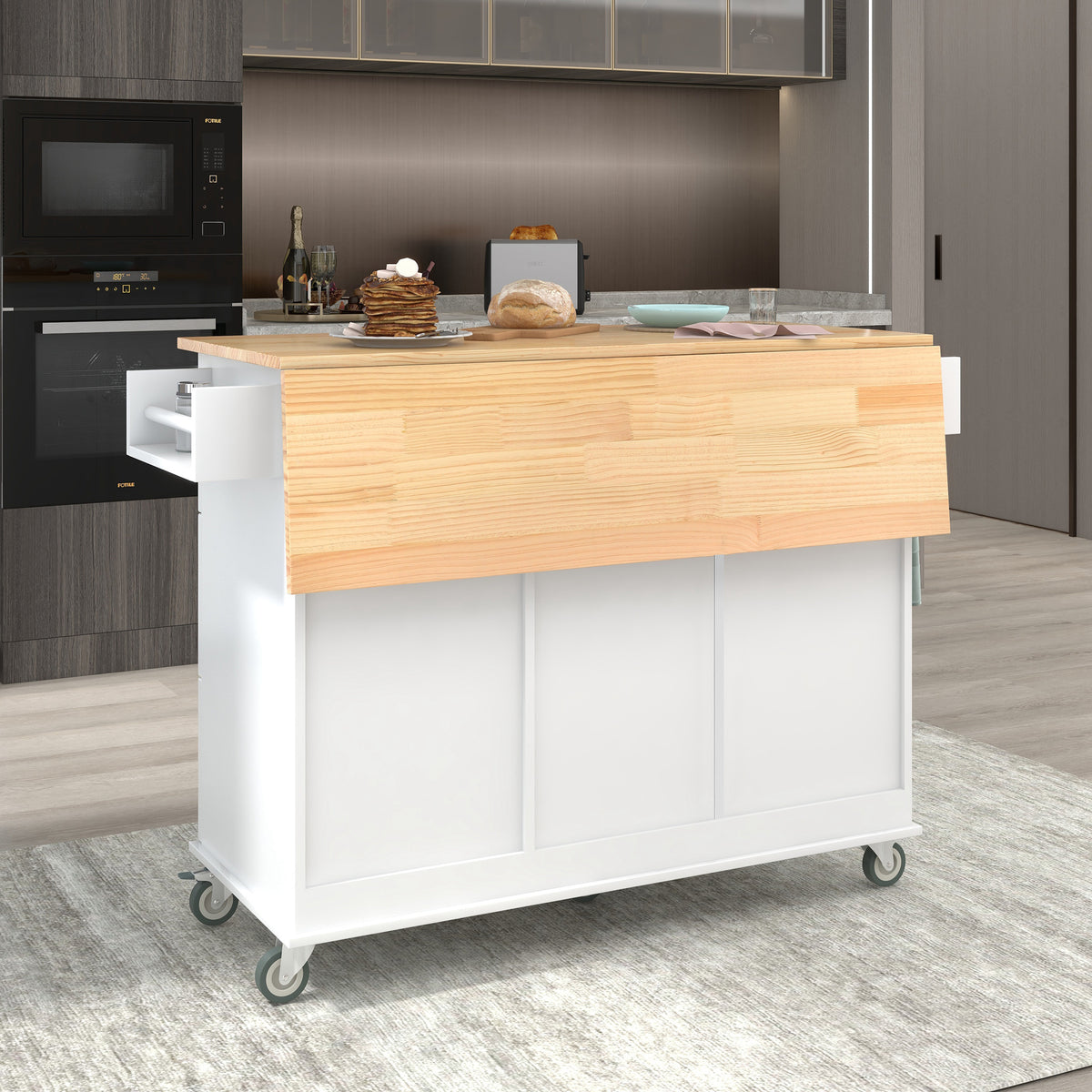 variant-group:rf-n707wf287035aaw|Roomfitters Rolling Mobile Kitchen Island with Solid Wood Top and Locking Wheels, 52.7 Inch Width, Storage Cabinet and Drop Leaf Breakfast Bar, Spice Rack, Towel Rack & Drawer (White)
