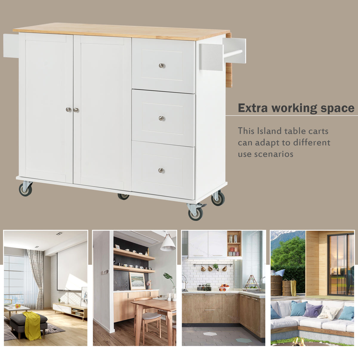 variant-group:rf-n707wf287035aaw|Roomfitters Rolling Mobile Kitchen Island with Solid Wood Top and Locking Wheels, 52.7 Inch Width, Storage Cabinet and Drop Leaf Breakfast Bar, Spice Rack, Towel Rack & Drawer (White)