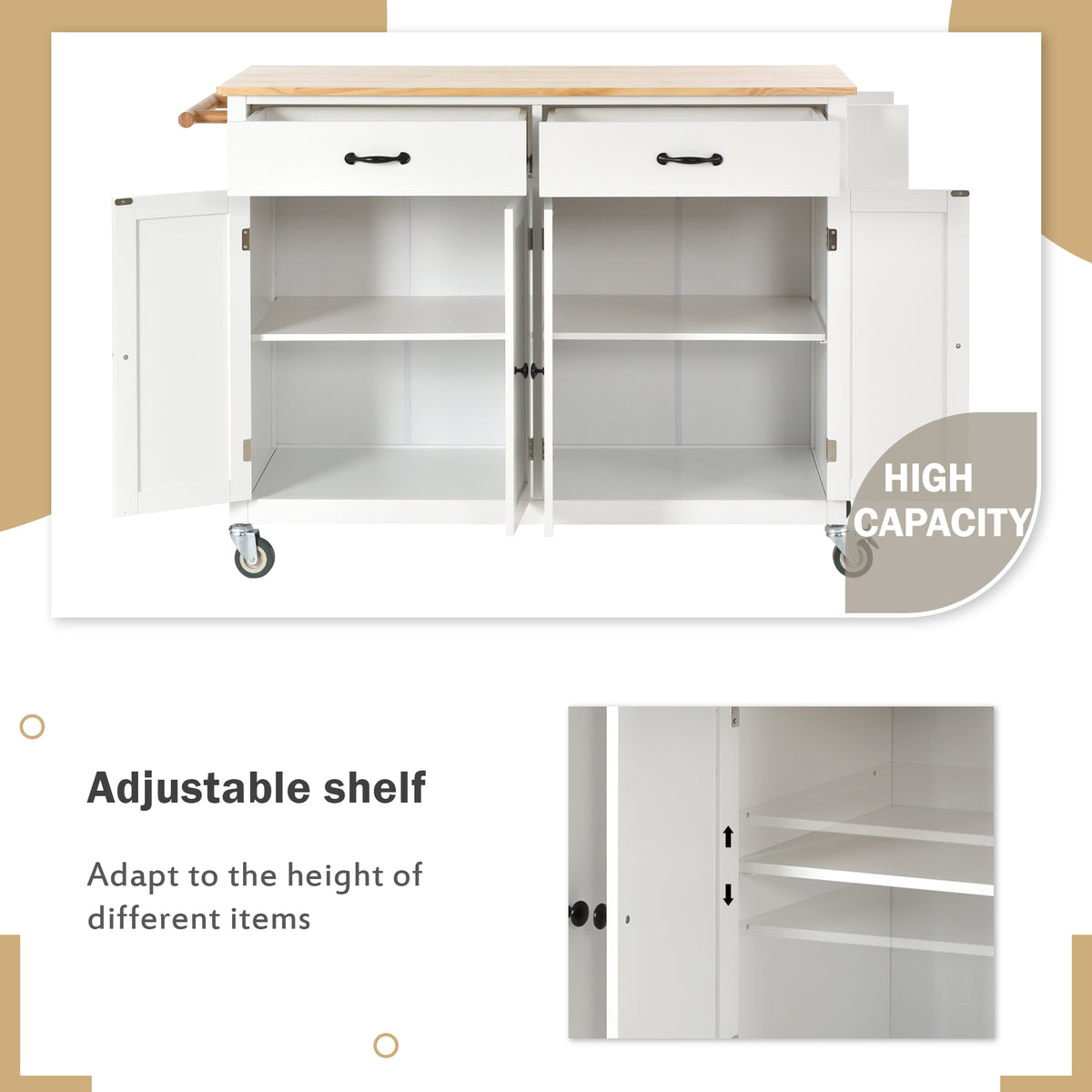 variant-group:rf-n707wf286911aaw|Roomfitters Kitchen Island Cart with Solid Wood Top - 4 Door Cabinet, Two Drawers, Adjustable Shelves, Spice & Towel Rack, 2 Locking Wheels (White)